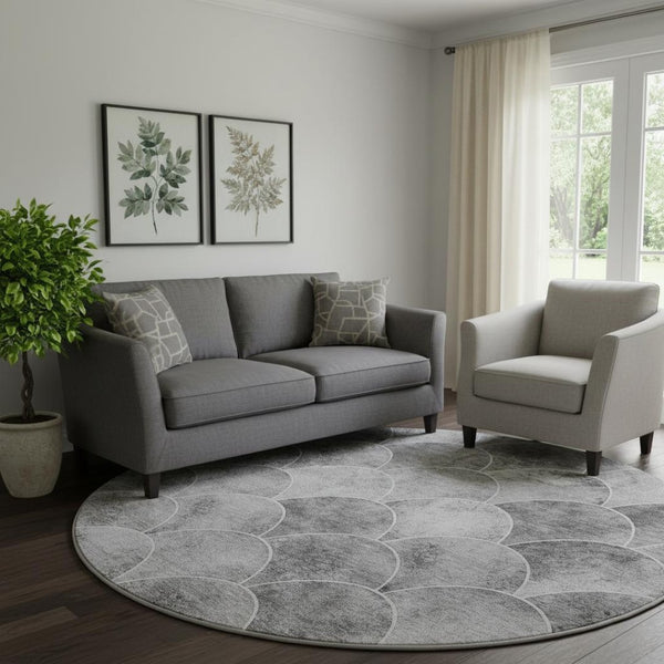 HomeRoots 8' Gray And Ivory Abstract Geometric Round Rug - Washable, UV-Protected, Stylish & Durable Design 650689