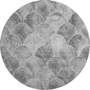 HomeRoots 8' Gray And Ivory Abstract Geometric Round Rug - Washable, UV-Protected, Stylish & Durable Design 650689