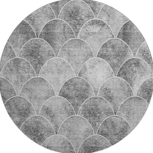 HomeRoots 8' Gray And Ivory Abstract Geometric Round Rug - Washable, UV-Protected, Stylish & Durable Design 650689