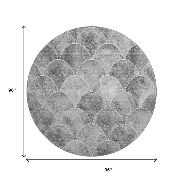 HomeRoots 8' Gray And Ivory Abstract Geometric Round Rug - Washable, UV-Protected, Stylish & Durable Design 650689