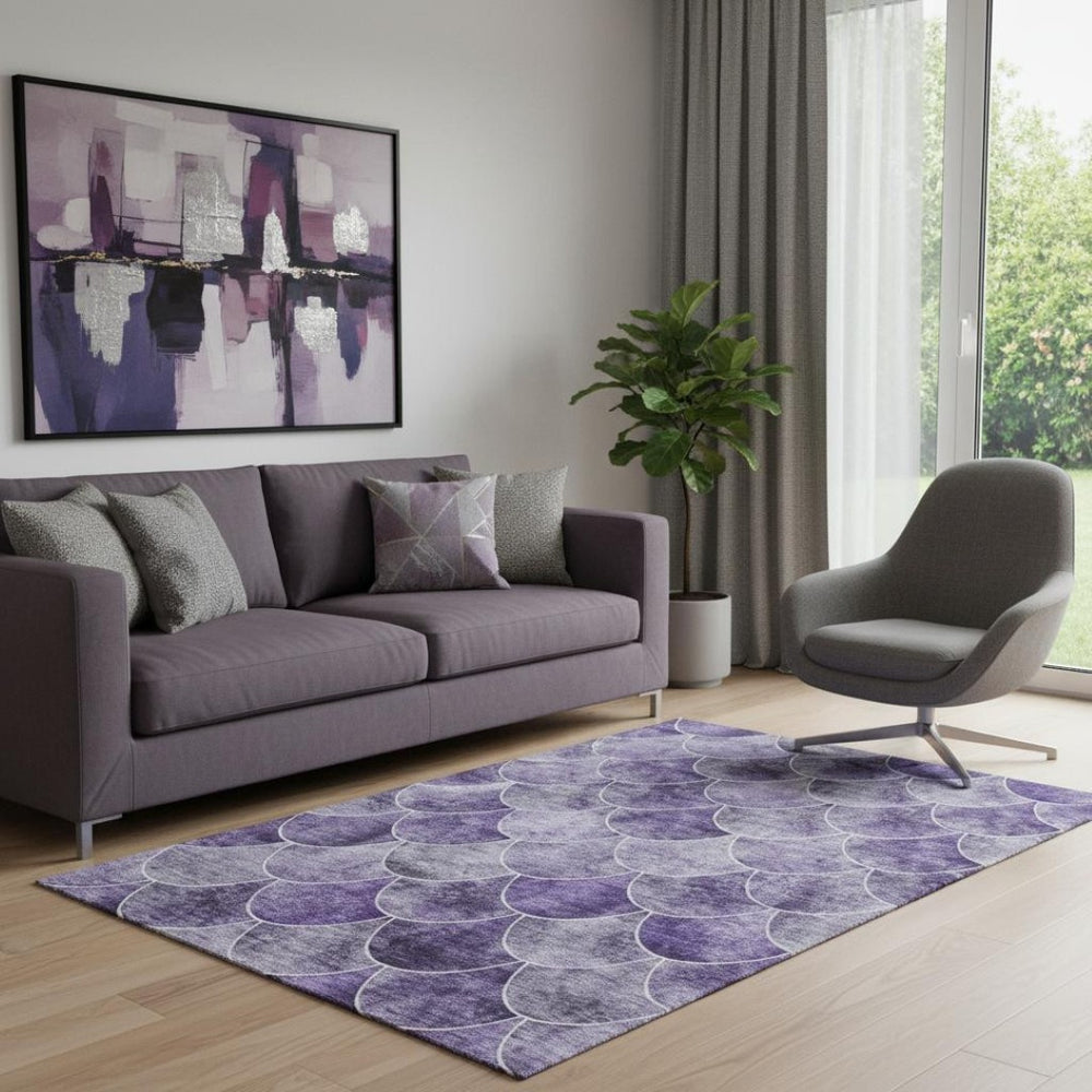 HomeRoots 5' X 8' Purple and Ivory Abstract Area Rug - Durable, Washable, UV-Protected for Modern Spaces 650694