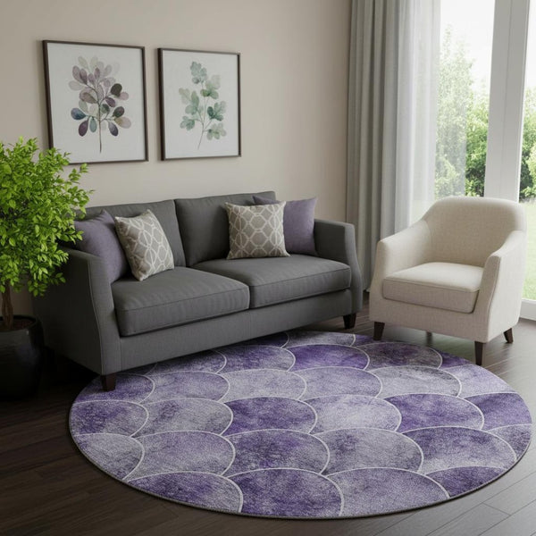 HomeRoots 8' Purple and Ivory Abstract Geometric Round Rug - Washable, UV Resistant, Pet-Friendly Design 650695