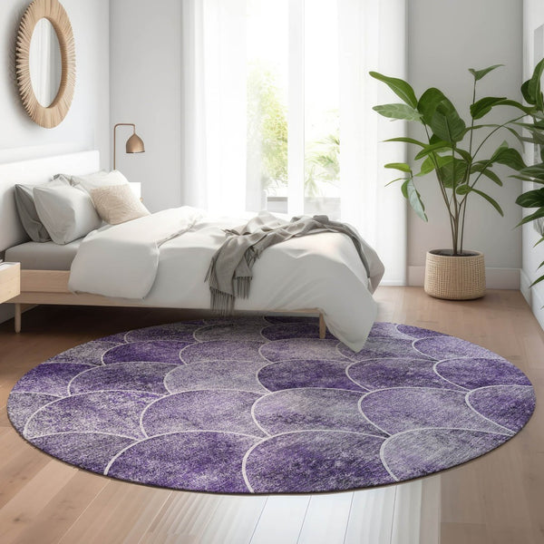 HomeRoots 8' Purple and Ivory Abstract Geometric Round Rug - Washable, UV Resistant, Pet-Friendly Design 650695