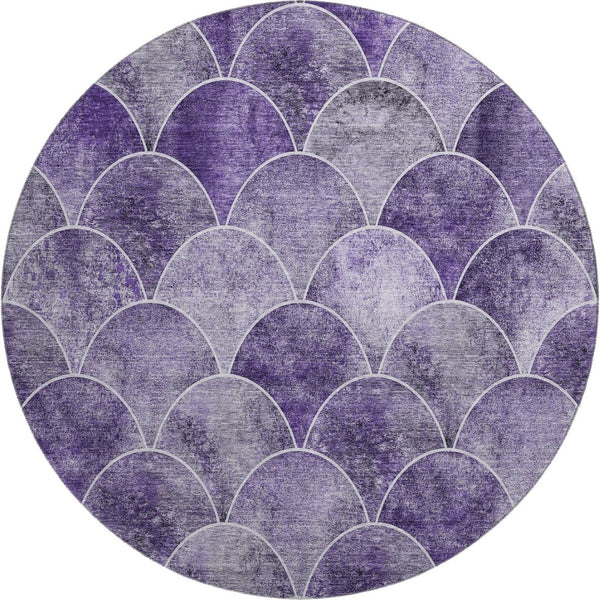HomeRoots 8' Purple and Ivory Abstract Geometric Round Rug - Washable, UV Resistant, Pet-Friendly Design 650695