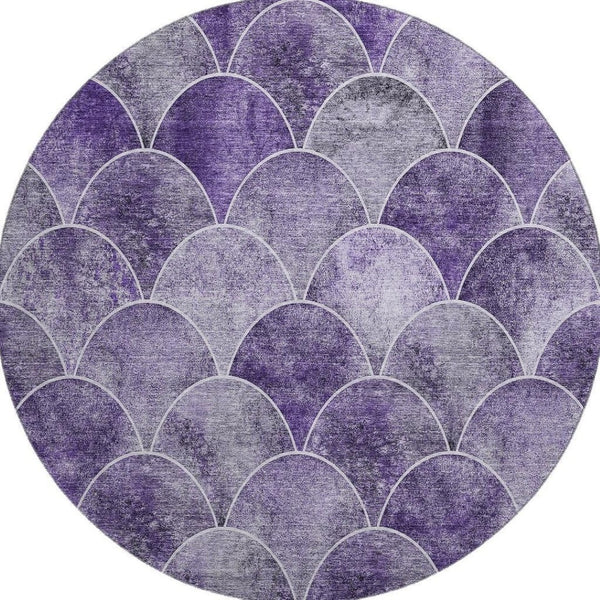 HomeRoots 8' Purple and Ivory Abstract Geometric Round Rug - Washable, UV Resistant, Pet-Friendly Design 650695
