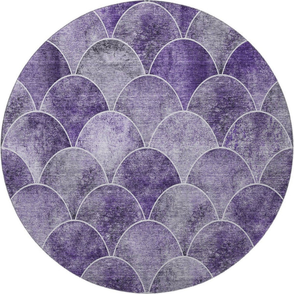 HomeRoots 8' Purple and Ivory Abstract Geometric Round Rug - Washable, UV Resistant, Pet-Friendly Design 650695
