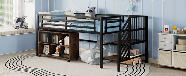 English Elm Twin Metal Loft Bed with Stairs and Six Storage Cubbies, Sturdy Metal Slat Support, Safe Low Design for Kids Black 75.2 L x 17.72 W x 9.45 H W2593P305749