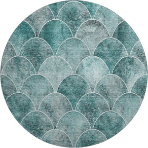 HomeRoots 8' Teal And Ivory Abstract Geometric Round Rug - Washable, UV Protected, Durable & Stain Resistant 650701