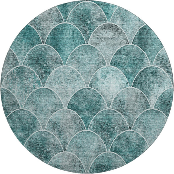 HomeRoots 8' Teal And Ivory Abstract Geometric Round Rug - Washable, UV Protected, Durable & Stain Resistant 650701