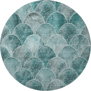 HomeRoots 8' Teal And Ivory Abstract Geometric Round Rug - Washable, UV Protected, Durable & Stain Resistant 650701