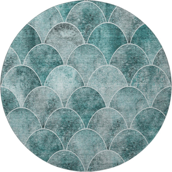 HomeRoots 8' Teal And Ivory Abstract Geometric Round Rug - Washable, UV Protected, Durable & Stain Resistant 650701