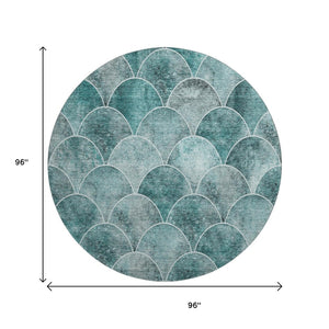 HomeRoots 8' Teal And Ivory Abstract Geometric Round Rug - Washable, UV Protected, Durable & Stain Resistant 650701