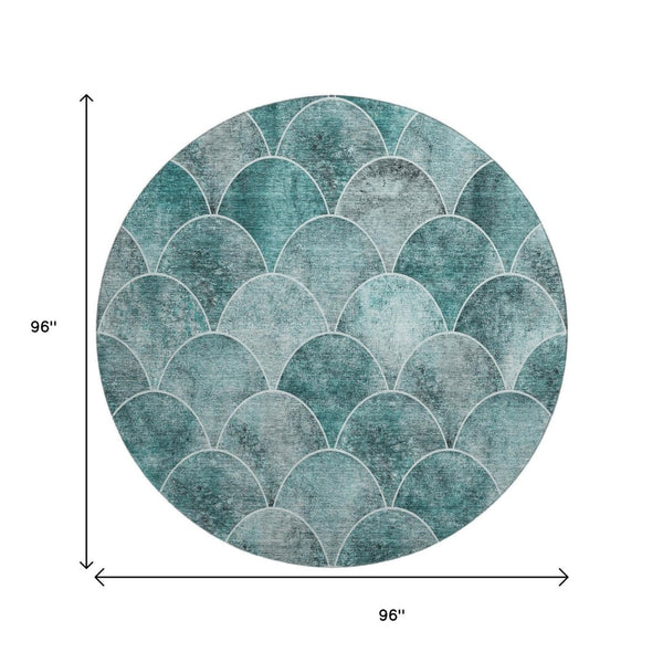HomeRoots 8' Teal And Ivory Abstract Geometric Round Rug - Washable, UV Protected, Durable & Stain Resistant 650701