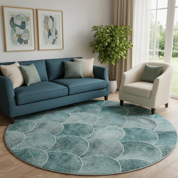 HomeRoots 8' Teal And Ivory Abstract Geometric Round Rug - Washable, UV Protected, Durable & Stain Resistant 650701