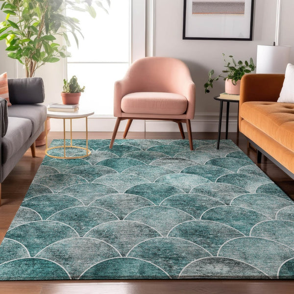 HomeRoots 8' X 10' Teal & Ivory Abstract Geometric Washable Rug - Modern, Durable & Stylish for Busy Homes 650702