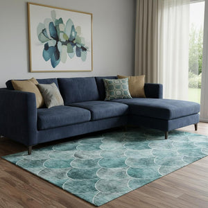 HomeRoots 10' Teal and Ivory Abstract Geometric Area Rug - Durable, Washable, UV Protected for High-Traffic Homes 650704