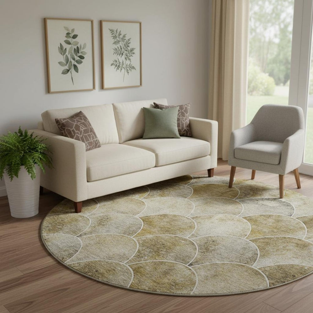 HomeRoots 8' Taupe Gray & Ivory Abstract Geometric Round Rug - Washable, UV-Protected, Durable & Stylish 650707
