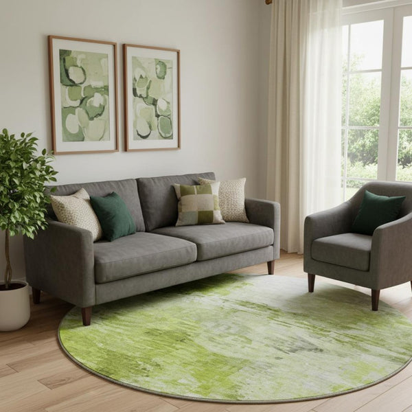 HomeRoots 8' Artichoke Green and Ivory Abstract Round Rug - Washable, UV-Protected, Non-Slip for Busy Homes 650713