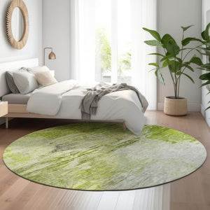 HomeRoots 8' Artichoke Green and Ivory Abstract Round Rug - Washable, UV-Protected, Non-Slip for Busy Homes 650713
