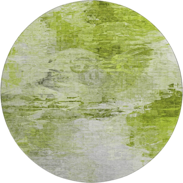 HomeRoots 8' Artichoke Green and Ivory Abstract Round Rug - Washable, UV-Protected, Non-Slip for Busy Homes 650713