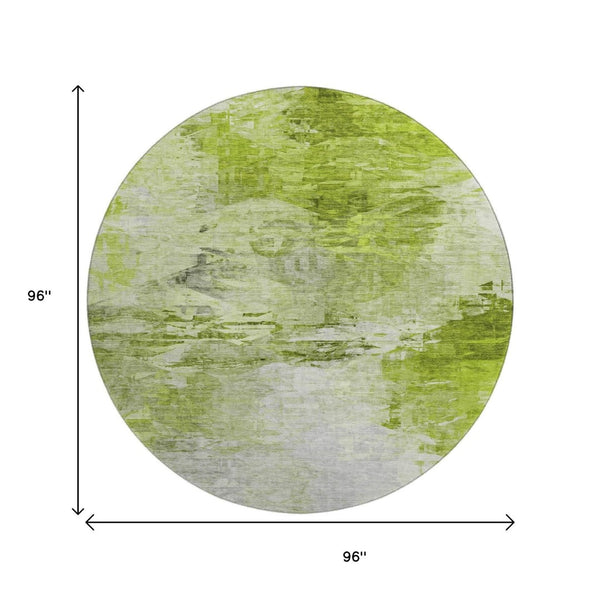 HomeRoots 8' Artichoke Green and Ivory Abstract Round Rug - Washable, UV-Protected, Non-Slip for Busy Homes 650713