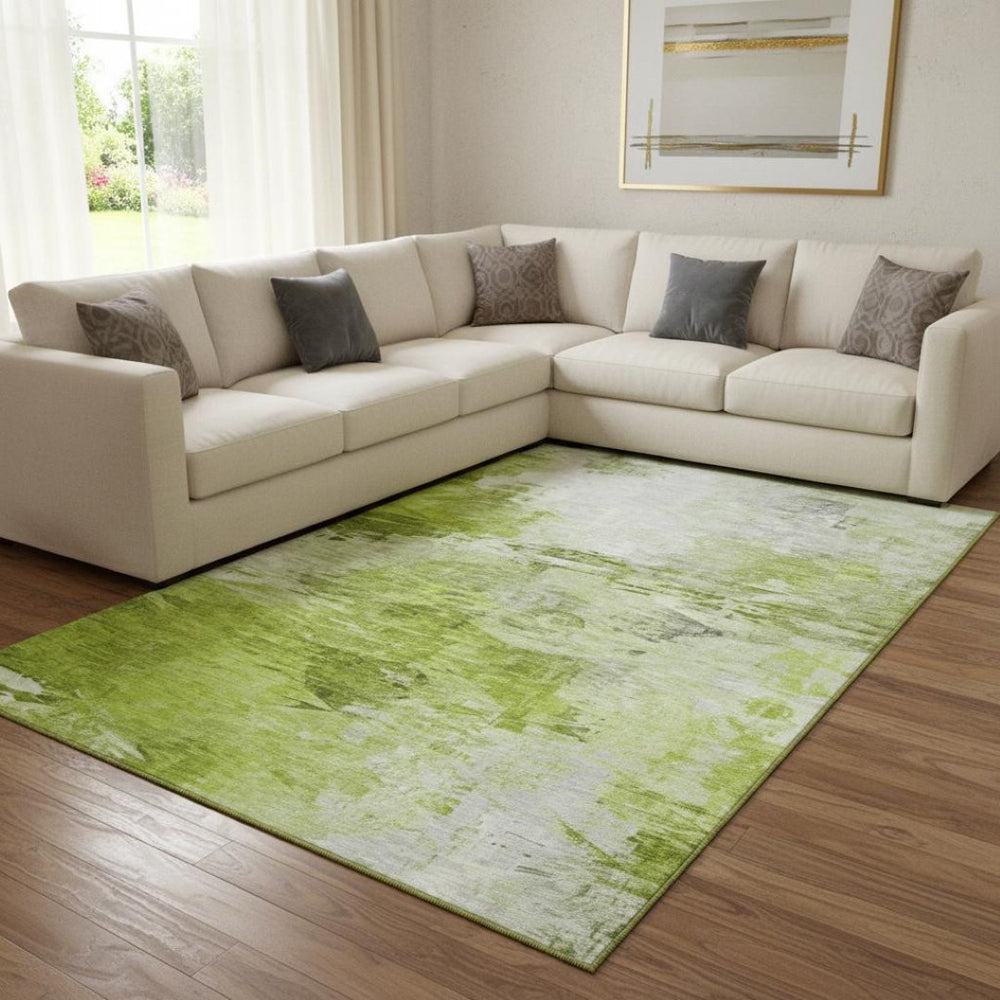 HomeRoots 8' X 10' Artichoke Green & Ivory Abstract Washable Area Rug with UV Protection for High-Traffic Spaces 650714