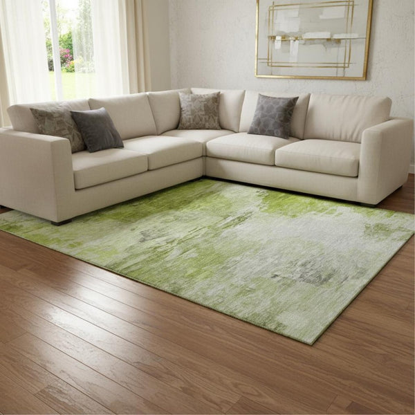 HomeRoots 9' X 12' Artichoke Green & Ivory Abstract Area Rug - Washable, UV Protected, Stain Resistant, Durable 650715