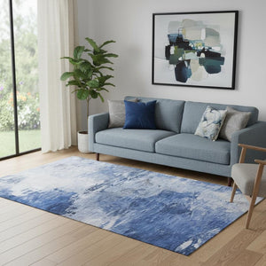 HomeRoots 5' X 8' Blue and Ivory Abstract Washable Area Rug - UV Protected, Easy Care for Busy Homes! 650718