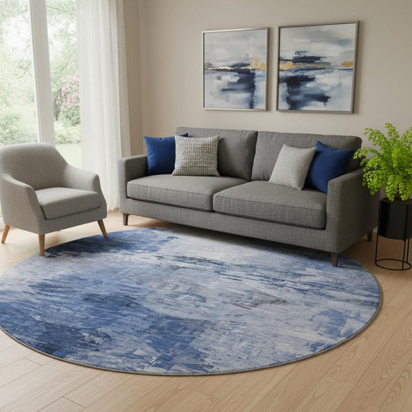 HomeRoots 8' Blue and Ivory Abstract Round Rug - Washable, UV-Protected, Stylish for Homes with Kids & Pets 650719