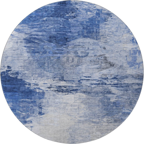 HomeRoots 8' Blue and Ivory Abstract Round Rug - Washable, UV-Protected, Stylish for Homes with Kids & Pets 650719