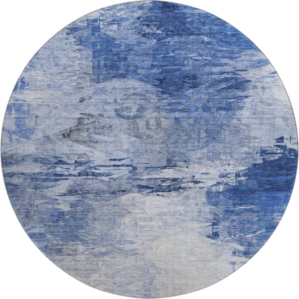 HomeRoots 8' Blue and Ivory Abstract Round Rug - Washable, UV-Protected, Stylish for Homes with Kids & Pets 650719