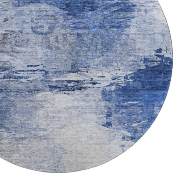 HomeRoots 8' Blue and Ivory Abstract Round Rug - Washable, UV-Protected, Stylish for Homes with Kids & Pets 650719