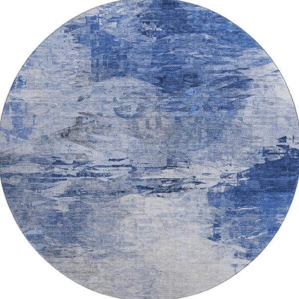 HomeRoots 8' Blue and Ivory Abstract Round Rug - Washable, UV-Protected, Stylish for Homes with Kids & Pets 650719