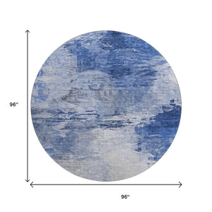 HomeRoots 8' Blue and Ivory Abstract Round Rug - Washable, UV-Protected, Stylish for Homes with Kids & Pets 650719