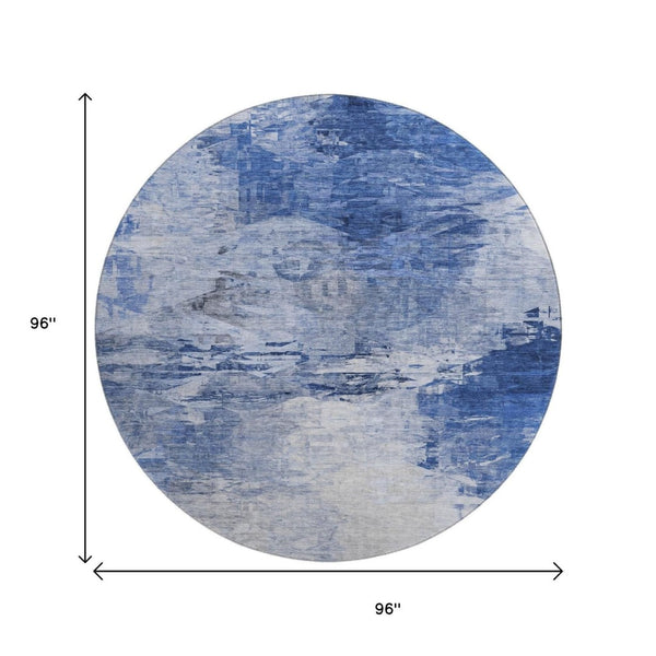 HomeRoots 8' Blue and Ivory Abstract Round Rug - Washable, UV-Protected, Stylish for Homes with Kids & Pets 650719