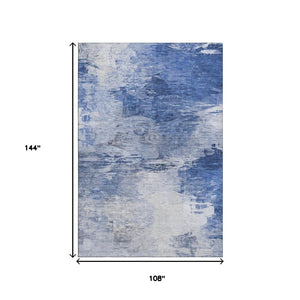 HomeRoots 9' X 12' Blue and Ivory Abstract Washable Area Rug - UV Protected, Stain-Resistant, Modern Style 650721