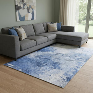 HomeRoots 9' X 12' Blue and Ivory Abstract Washable Area Rug - UV Protected, Stain-Resistant, Modern Style 650721