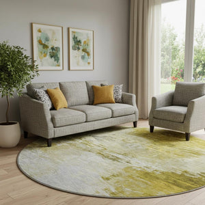 HomeRoots 8' Gold and Ivory Abstract Washable Round Rug - UV Protected, Stylish, Durable for High-Traffic Areas 650725