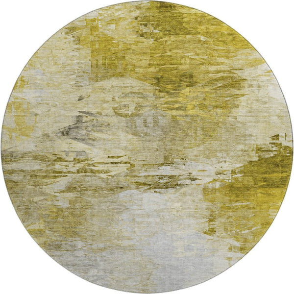 HomeRoots 8' Gold and Ivory Abstract Washable Round Rug - UV Protected, Stylish, Durable for High-Traffic Areas 650725