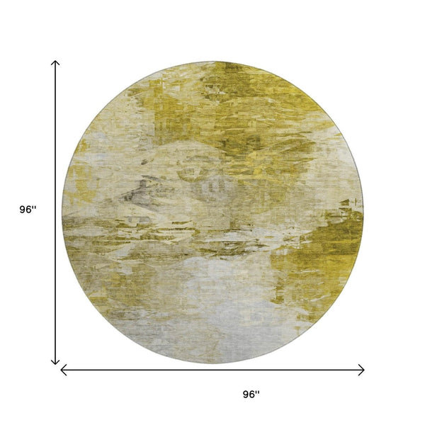 HomeRoots 8' Gold and Ivory Abstract Washable Round Rug - UV Protected, Stylish, Durable for High-Traffic Areas 650725