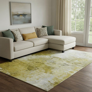 HomeRoots 8' X 10' Gold and Ivory Abstract Washable Area Rug – Stain Resistant, UV Protected, Stylish & Durable! 650726