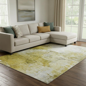 HomeRoots 9' X 12' Gold and Ivory Abstract Area Rug - Washable, UV Protected, Stylish & Durable for Any Room 650727