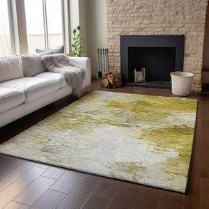 HomeRoots 10' Gold and Ivory Abstract Area Rug - Washable, UV Protected, Stain-Resistant, Modern Design 650728