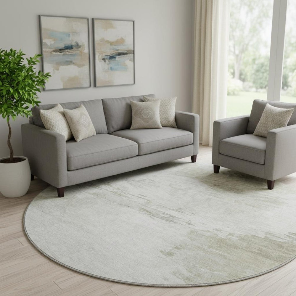 HomeRoots 8' Ivory and Gray Abstract Washable Round Rug - Durable, Stain-Resistant with UV Protection for Homes 650731