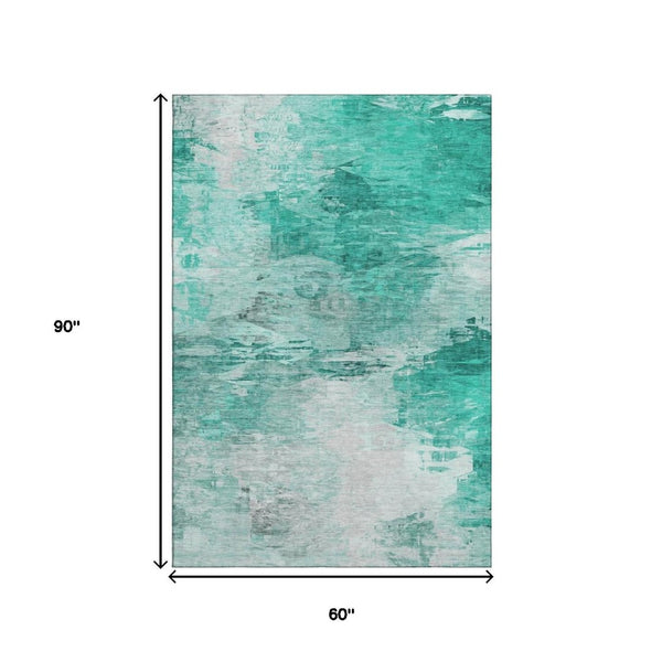 HomeRoots 5' Teal and Ivory Abstract Area Rug - Washable, Stain-Resistant, UV-Protected for Modern Spaces 650742
