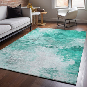 HomeRoots 5' Teal and Ivory Abstract Area Rug - Washable, Stain-Resistant, UV-Protected for Modern Spaces 650742