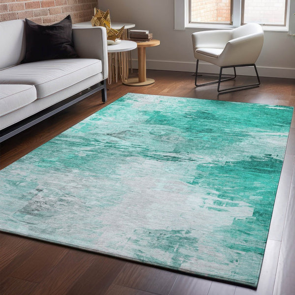 HomeRoots 5' Teal and Ivory Abstract Area Rug - Washable, Stain-Resistant, UV-Protected for Modern Spaces 650742