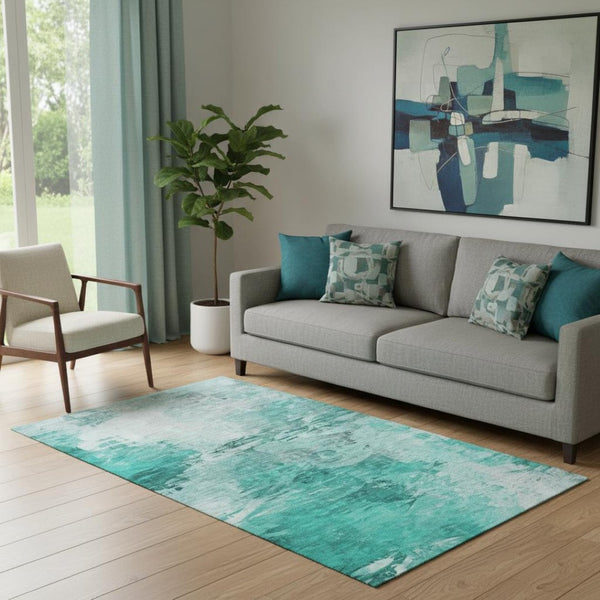 HomeRoots 5' Teal and Ivory Abstract Area Rug - Washable, Stain-Resistant, UV-Protected for Modern Spaces 650742