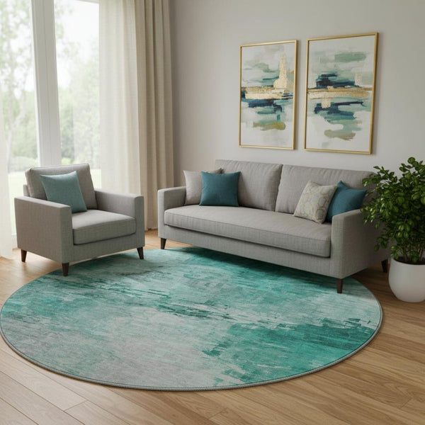HomeRoots 8' Teal And Ivory Abstract Round Rug - Washable, UV-Protected, Durable for High-Traffic Areas! 650743