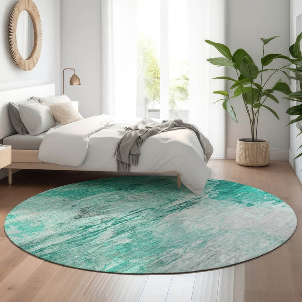 HomeRoots 8' Teal And Ivory Abstract Round Rug - Washable, UV-Protected, Durable for High-Traffic Areas! 650743